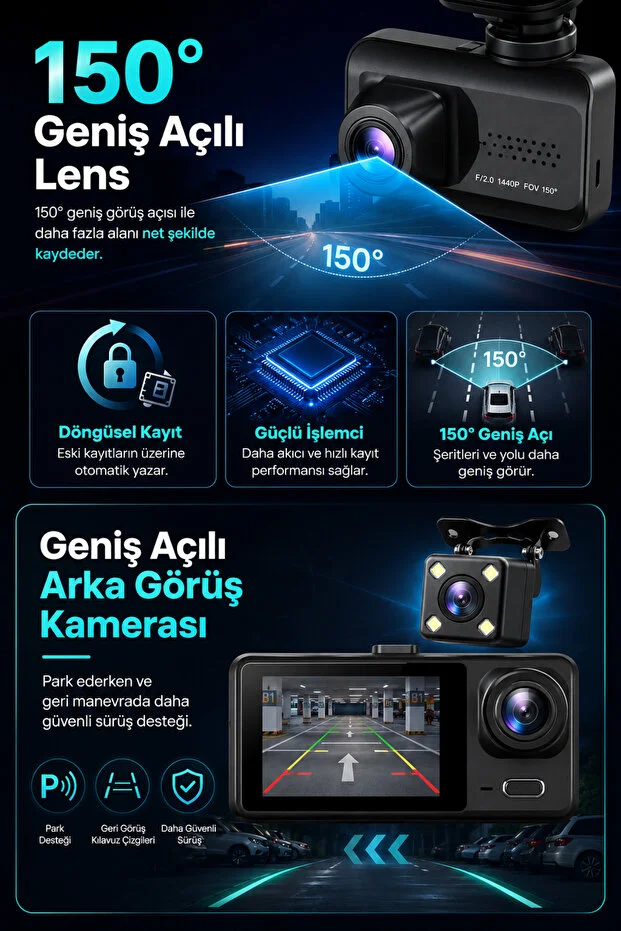 Araç İçi HD Kamera 3 Kameralı Wifi Özellikli 1080P Full HD Gece Görüşlü G-Sensör Dashcam